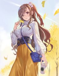 Rule 34 | 1girl, absurdres, aran sweater, arm at side, autumn, autumn leaves, bag, blue sky, breasts, brown eyes, brown hair, cable knit, contrail, cup, day, falling leaves, from below, ginkgo leaf, glasses, hair bobbles, hair ornament, handbag, highres, holding, holding cup, holding leaf, large breasts, leaf, long hair, long skirt, long sleeves, looking at viewer, looking down, one side up, original, outdoors, parted lips, ribbed sweater, rimless eyewear, round eyewear, shoulder bag, skirt, sky, smile, solo, standing, sweater, tareme, teffish, tree, turtleneck, turtleneck sweater, underbust, white sweater, yellow skirt