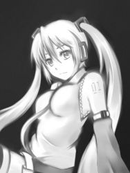 Rule 34 | 00s, 1girl, between breasts, breasts, closed mouth, female focus, greyscale, halterneck, hatsune miku, headphones, highres, long hair, looking at viewer, monochrome, necktie, necktie between breasts, pas (paxiti), solo, tattoo, thighhighs, twintails, vocaloid, zettai ryouiki