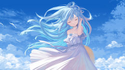 Rule 34 | 1girl, bare shoulders, bird, blue hair, blue sky, closed eyes, cloud, cloudy sky, collarbone, copyright request, dress, floating hair, flower, flower necklace, hand in own hair, highres, jewelry, long hair, necklace, off-shoulder dress, off shoulder, ritsuki, seagull, sky, solo, virtual youtuber, white dress, wind