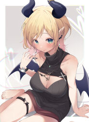 Rule 34 | 1girl, absurdres, arm support, black sweater, black wristband, blonde hair, breasts, cleavage, cleavage cutout, clothing cutout, demon girl, demon horns, demon tail, demon wings, ear piercing, earrings, eat some cookie, film grain, green eyes, hand up, heart, heart necklace, highres, hololive, horns, jewelry, large breasts, light blush, looking at viewer, medium hair, nail polish, necklace, o-ring, o-ring thigh strap, piercing, pointy ears, ribbed sweater, sitting, sleeveless, sleeveless sweater, smile, solo, sweater, tail, thigh strap, toenail polish, toenails, virtual youtuber, wariza, wings, yuzuki choco