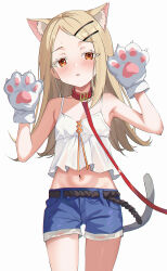 1girl :o absurdres animal_collar animal_ear_fluff animal_ears animal_hands bare_shoulders blush camisole cat_ears cat_tail collar colored_eyelashes commentary_request cowboy_shot crop_top denim denim_shorts flipped_hair gakuen_idolmaster gloves hands_up highres idolmaster kemonomimi_mode leash light_brown_hair looking_at_viewer orange_eyes paw_gloves rope_belt see-through_clothes see-through_camisole shinosawa_hiro short_shorts shorts simple_background solo sweat swept_bangs tail usagi_(786113654) white_background white_camisole