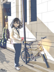 Rule 34 | 1girl, :d, artist name, asuka (pixiv82529874), backpack, bag, bicycle, black hair, black pants, bush, day, highres, holding, holding phone, looking at viewer, open mouth, original, outdoors, pants, phone, shadow, shirt, shoes, smile, sneakers, standing, white shirt