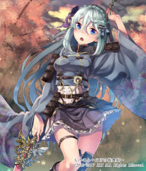 Rule 34 | 1girl, blue eyes, blush, boots, breasts, company name, dmm, grey hair, hair ornament, hairclip, highres, holding, holding sword, holding weapon, knee boots, long hair, looking at viewer, medium breasts, official art, open mouth, saraki, sheath, sheathed, solo, sword, teeth, weapon