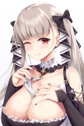 Rule 34 | 1girl, areola slip, azur lane, bare shoulders, black bow, black dress, black nails, blunt bangs, blush, bow, breasts, cleavage, collarbone, commentary request, dress, fingernails, formidable (azur lane), frilled dress, frills, gradient background, grey background, grey hair, hair bow, hand on own chest, hands up, highres, hinoka (allen), large breasts, long hair, looking at viewer, nail polish, one eye closed, red eyes, sharp fingernails, simple background, solo, suggestive fluid, twintails, upper body, white background