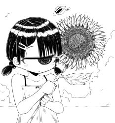 Rule 34 | 1girl, black hair, camisole, child, cyclops, female focus, flower, hair ornament, hairclip, hat, kurome shirome, looking away, low twintails, monochrome, monster girl, one-eyed, original, outdoors, short twintails, solo, sunflower, twintails