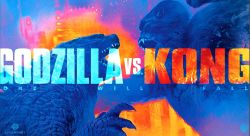 Rule 34 | ape, blood, crossover, dinosaur, giant, giant monster, godzilla, godzilla (series), godzilla vs. kong, gorilla, highres, kaijuu, king kong, king kong (series), legendary pictures, monster, monsterverse, movie poster, no humans, official art, scar, scar on chest, text focus, toho