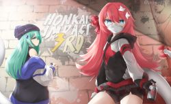 Rule 34 | 2girls, absurdres, beanie, black gloves, black headwear, black shorts, blue eyes, bright pupils, can, closed mouth, copyright name, dated, gloves, graffiti, green eyes, green hair, hat, highres, holding, holding can, honkai (series), honkai impact 3rd, hood, hoodie, huge filesize, klaius, liliya olenyeva, lizard tail, long hair, long sleeves, looking at viewer, mask, mouth mask, multiple girls, off shoulder, profile, red hair, rozaliya olenyeva, shorts, sideways glance, spray can, standing, surgical mask, tail, twitter username, white pupils