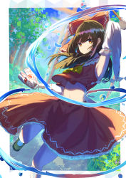 Rule 34 | 1girl, 38 (sanjuuhachi), armpits, ascot, black footwear, black hair, border, bow, bubble, closed mouth, detached sleeves, gohei, hair bow, hair tubes, hakurei reimu, highres, holding, japanese clothes, leg up, long hair, looking at viewer, miko, multicolored eyes, navel, ofuda, outdoors, red bow, red eyes, red shirt, red skirt, ribbon-trimmed sleeves, ribbon trim, shirt, skirt, sky, solo, standing, torii, touhou, tree, white border, white sleeves, wide sleeves, yellow ascot, yellow eyes