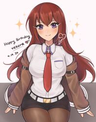 Rule 34 | 1girl, belt, black shorts, blush, brown jacket, brown pantyhose, commentary, highres, jacket, long hair, long sleeves, looking at viewer, makise kurisu, necktie, off shoulder, open clothes, open jacket, pantyhose, pantyhose under shorts, purple eyes, purrlucii, red hair, red necktie, shirt, short shorts, shorts, sitting, smile, solo, steins;gate, thighs, very long hair, white belt, white shirt