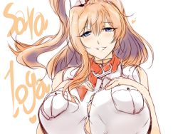 Rule 34 | 10s, 1girl, anchor choker, blonde hair, blue eyes, breast suppress, breasts, bursting breasts, collar, dandara (karakure), huge breasts, kantai collection, large breasts, long hair, looking at viewer, naughty face, parted lips, saratoga (kancolle), simple background, smile, solo, white background