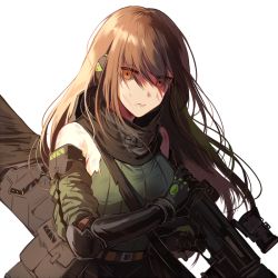 Rule 34 | 1girl, arm strap, armor, armpits, assault rifle, asymmetrical legwear, bandana, brown eyes, brown hair, case, closed mouth, clothes around waist, collarbone, detached sleeves, elbow pads, eyes visible through hair, floating hair, gauntlets, girls&#039; frontline, gloves, gun, hair between eyes, hand in own hair, headset, holding, holding gun, holding weapon, jacket, jacket around waist, long hair, m4 carbine, m4a1 (girls&#039; frontline), m4a1 (mod3) (girls&#039; frontline), magazine (weapon), mod3 (girls&#039; frontline), multicolored hair, pouch, ribbed legwear, ribbed sweater, rifle, scope, sidelocks, silence girl, simple background, skindentation, solo, strap, streaked hair, sweater, sweater vest, thigh strap, thighs, torn clothes, uneven legwear, weapon, weapon case, white background, wind, wind lift