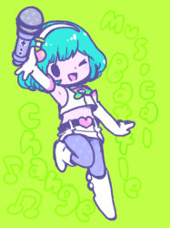 Rule 34 | 1girl, ;d, aqua hair, artist request, black eyes, black thighhighs, blush, blush stickers, boots, child, copyright name, crop top, dot nose, elbow gloves, female focus, full body, gloves, green background, headphones, heart, leg up, looking at viewer, microphone, midriff, mob face, musical note, navel, non-web source, one eye closed, open mouth, polka dot, polka dot legwear, short hair, simple background, smile, solid oval eyes, solo, source request, standing, standing on one leg, stomach, thighhighs, utaco (character), utaco (game), white footwear, white gloves, wink