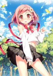 Rule 34 | 1girl, absurdres, black bow, black skirt, blush, bow, braid, cloud, cloudy sky, collarbone, day, flower, forest, from below, hair bow, hair flower, hair ornament, highres, kantoku, leaf, looking at viewer, midriff, midriff peek, nature, navel, open mouth, outdoors, pink hair, pleated skirt, red eyes, shirt, short hair, skirt, sky, solo, stomach, tree, white shirt, your diary, yua (your diary)