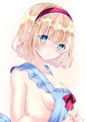 Rule 34 | 1girl, alice margatroid, apron, bad id, bad pixiv id, bare arms, bare shoulders, blonde hair, blue apron, blue eyes, blush, bow, breasts, closed mouth, collarbone, frilled apron, frills, hair between eyes, hairband, highres, looking at viewer, medium breasts, naked apron, nanase nao, red bow, red hairband, short hair, solo, touhou, white background