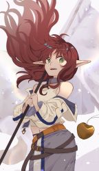 Rule 34 | 1girl, apple, arknights, bare shoulders, brown hair, flag, food, fruit, golden apple, green eyes, highres, holding, holding flag, jacket, long hair, myrtle (arknights), off shoulder, parted lips, pointy ears, solo, tank top, vhdtyzusixc7fai, white jacket