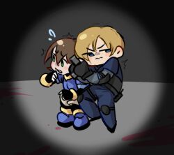 1boy 1girl aile_(mega_man_zx) blonde_hair blue_eyes blue_jacket blue_pants brown_hair capcom chibi company_connection crossover ghosty_entity green_eyes gun holding holding_gun holding_weapon jacket leon_s._kennedy mega_man_(series) mega_man_zx pants resident_evil resident_evil_2 robot_ears scared short_hair shorts weapon white_shorts