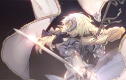 Rule 34 | 1girl, armor, armored dress, banner, black bow, blonde hair, bow, braid, closed eyes, fate/apocrypha, fate (series), gauntlets, gen 1 pokemon, hair bow, holding, holding sword, holding weapon, jeanne d&#039;arc (fate), jeanne d&#039;arc (ruler) (fate), long hair, no-kan, outstretched arms, pokemon, pokemon (creature), ponyta, single braid, solo, standing, sword, very long hair, weapon