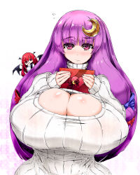 Rule 34 | 2girls, breasts, cleavage, flying sweatdrops, gigantic breasts, hair ornament, hairclip, head wings, highres, koakuma, looking at viewer, meme attire, multiple girls, open-chest sweater, patchouli knowledge, pointy ears, purple eyes, purple hair, ribbed sweater, sentarou, sweater, touhou, turtleneck, valentine, wide hips, wings