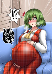 !? 1girl anago_nia ascot big_belly blush breasts collared_shirt commentary_request commission couch covered_navel emphasis_lines green_hair hands_on_own_stomach highres kazami_yuuka large_breasts long_sleeves medium_hair motion_blur on_couch outie_navel plaid_clothes plaid_skirt plaid_vest pregnant red_eyes red_skirt red_vest shirt sitting skeb_commission skirt skirt_set solo sound_effects surprised touhou variant_set vest white_shirt yellow_ascot