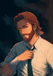 Rule 34 | 1boy, adjusting clothes, adjusting necktie, bandaged arm, bandages, beard, bigby wolf, black necktie, brown facial hair, brown hair, collared shirt, commentary, facial hair, full beard, herfstijl, heterochromia, highres, looking at viewer, necktie, parted lips, red eyes, shirt, short hair, sleeves past elbows, solo, teeth, the wolf among us, upper body, white shirt, yellow eyes