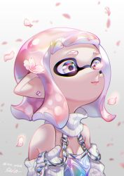Rule 34 | 1girl, artist name, blunt bangs, blunt ends, cherry blossoms, closed mouth, clothing cutout, commentary, earrings, highres, inkling, inkling girl, inkling player character, iria (yumeirokingyo), jewelry, mask, medium hair, nintendo, petals, pink eyes, pink hair, pointy ears, shirt, shoulder cutout, signature, smile, solo, tentacle hair, turtleneck, twitter username, white shirt