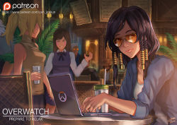 Rule 34 | 3boys, 3girls, :d, artist name, bare shoulders, beard, black hair, black ribbon, blonde hair, blue jacket, blue skirt, blue vest, braid, breasts, brown eyes, brown hair, cassidy (overwatch), casual, chair, character name, cigar, cleavage, closed mouth, collarbone, collared shirt, computer, copyright name, cowboy hat, cup, d.va (overwatch), dark-skinned female, dark skin, desk, drinking straw, emblem, eye of horus, eyelashes, facepaint, facial hair, facial mark, facial tattoo, glasses, grin, hair tubes, hand up, hat, holding, holding cup, jacket, laptop, lips, lipstick, logo, long hair, long sleeves, makeup, medium breasts, mercy (overwatch), multiple boys, multiple girls, mustache, neck ribbon, open mouth, overwatch, overwatch 1, patreon, patreon username, pharah (overwatch), pink lips, plant, pleated skirt, ponytail, reinhardt (overwatch), ribbed sweater, ribbon, scar, scar across eye, scar on face, school uniform, shirt, short hair, side braids, sidelocks, signature, skirt, sleeveless, sleeves past elbows, sleeves rolled up, smile, smoking, soldier: 76 (overwatch), sunglasses, sweater, sweater vest, swept bangs, table, tattoo, text focus, typing, undershirt, vest, watermark, web address, whisker markings, white hair, white shirt, yellow jacket, yellow sweater, zen (jirakun)