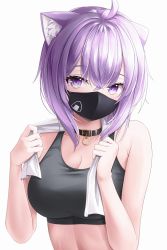 Rule 34 | 1girl, absurdres, ahoge, animal ear fluff, animal ears, bare arms, bare shoulders, black choker, black sports bra, breasts, cat ears, cat girl, choker, cleavage, crossed bangs, highres, holding, holding towel, hololive, large breasts, looking at viewer, mask, mouth mask, nekomata okayu, purple eyes, purple hair, shira jun, solo, sports bra, towel, towel around neck, upper body, virtual youtuber