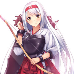 Rule 34 | 10s, 1girl, aircraft, airplane, amanuki-san, armor, arrow (projectile), bow (weapon), hairband, japanese clothes, kantai collection, long hair, looking at viewer, machinery, muneate, shoukaku (kancolle), smile, solo, weapon, white hair, yellow eyes