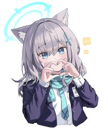 Rule 34 | 1girl, animal ear fluff, blue archive, blue eyes, blue halo, blue scarf, blush, breast pocket, cropped torso, flower, grey hair, hae zu, halo, heart, heart hands, highres, long hair, long sleeves, looking at viewer, name tag, pocket, scarf, shiroko (blue archive), shirt, simple background, solo, upper body, white background, white shirt