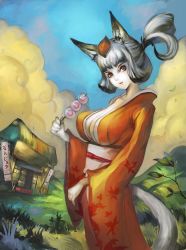 Rule 34 | 1girl, animal ears, banner, blue sky, breasts, brown eyes, cleavage, cloud, cloudy, cloudy sky, dango, day, eyeshadow, fangs, fingernails, food, fox ears, fox tail, grass, hair tie, hill, house, huge breasts, japanese clothes, kimono, kongiku, large breasts, leaf, leaf on head, light smile, long hair, looking at viewer, makeup, md5 mismatch, narongchai singhapand, no bra, object on head, oboro muramasa, orange eyes, outdoors, pale skin, ponytail, resized, resolution mismatch, sharp fingernails, sideboob, silver hair, sky, solo, source larger, tail, vanillaware, wagashi, wind