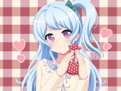Rule 34 | 1girl, bag, bang dream!, blush, bow, commentary request, furou, gift bag, green bow, hair bow, heart, highres, holding, holding bag, jacket, long hair, long sleeves, looking at viewer, matsubara kanon, one side up, plaid, plaid background, pom pom (clothes), purple eyes, sidelocks, smile, solo, upper body, valentine, yellow jacket