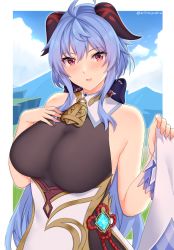 Rule 34 | 1girl, ahoge, arind yudha, bare arms, bare shoulders, blue hair, blush, bodysuit, breasts, ganyu (genshin impact), genshin impact, goat horns, highres, horns, large breasts, long hair, looking at viewer, neck bell, outdoors, parted lips, purple eyes, unworn sleeves, smile, solo, upper body