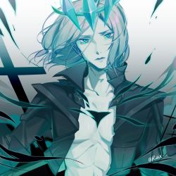 Rule 34 | 1boy, artist name, black jacket, collarbone, cropped jacket, crown, gradient background, grey background, grey hair, highres, jacket, league of legends, looking at viewer, male focus, medium hair, no shirt, open clothes, open jacket, ruan chen yue, solo, tears, viego (league of legends)