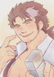 Rule 34 | 1boy, bara, blush, brown hair, chest hair, cigarette, facial hair, highres, igarashi (igarashi ta), incoming gift, large pectorals, long sideburns, male focus, mature male, mononobe kyoma, multicolored hair, muscular, muscular male, necktie, partially unbuttoned, pectoral cleavage, pectorals, pointing, pointing at self, short hair, sideburns, smile, solo, streaked hair, stubble, thick eyebrows, tokyo houkago summoners, undone necktie, valentine, white hair