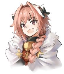 Rule 34 | 1boy, akefumi, armor, astolfo (fate), black bow, bow, braid, cloak, eyebrows, fang, fate/apocrypha, fate/grand order, fate (series), fur-trimmed cloak, fur trim, gorget, hair bow, hair intakes, happy, highres, long braid, long hair, looking at viewer, male focus, multicolored hair, open mouth, pink hair, purple eyes, simple background, single braid, smile, solo, streaked hair, trap, upper body, white background, white cloak