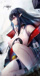 Rule 34 | 1girl, absurdres, arknights, bad id, bad pixiv id, binggong asylum, black hair, black jacket, breasts, chinese commentary, closure (arknights), covered erect nipples, earpiece, highres, id card, jacket, kneeling, large breasts, long hair, looking to the side, on one knee, open clothes, open jacket, pointy ears, red eyes, rhodes island logo (arknights), solo, tank top, thigh strap, wet, wet clothes, white tank top