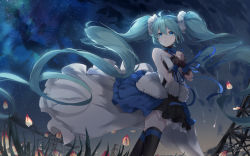 Rule 34 | 1girl, absurdly long hair, ahoge, aqua eyes, aqua hair, asahi kuroi, bare shoulders, black thighhighs, dress, dutch angle, falling petals, from below, fur-trimmed skirt, fur trim, grass, hair ornament, hatsune miku, highres, long hair, looking away, night, night sky, outdoors, own hands clasped, own hands together, parted lips, petals, power lines, praying, skirt, sky, sleeveless, sleeveless dress, solo, star (sky), starry sky, strapless, strapless dress, thighhighs, transmission tower, twintails, very long hair, vocaloid, white dress