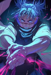 Rule 34 | 1boy, black scarf, black vest, blood, blue background, bui (buupopopopopo), choso (jujutsu kaisen), clenched teeth, cowboy shot, facial tattoo, fighting stance, highres, jujutsu kaisen, looking at viewer, male focus, own hands together, pink blood, pink eyes, rain, robe, scarf, short hair, short twintails, solo, standing, tattoo, teeth, twintails, v-shaped eyebrows, vest, water drop, white robe, wide sleeves