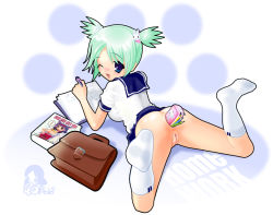 Rule 34 | 1girl, anal, anal object insertion, anus, ass, bag, blue eyes, blush, book, bookbag, breasts, cleft of venus, clothes lift, green hair, homework, large breasts, looking at viewer, looking back, lying, no panties, notebook, object insertion, on stomach, one eye closed, pencil case, pencilcase, polo, pussy, school uniform, serafuku, short hair, signature, skirt, skirt around belly, skirt lift, smile, socks, solo, spread legs, twintails, uncensored, wink