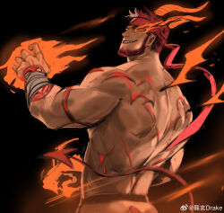 Rule 34 | 1boy, absurdres, back, bandaged arm, bandages, bara, beard, black background, cowboy shot, demon horns, demon tail, dopey (dopq), evil smile, facial hair, fiery horns, flaming eye, flaming hand, from behind, headband, highres, horns, indie virtual youtuber, looking at viewer, male focus, monsterification, muscular, muscular male, orange eyes, powering up, red headband, ryuugen drake, second-party source, sharp teeth, smile, smirk, solo, tail, teeth, topless male, turning head, virtual youtuber