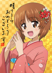 Rule 34 | 1girl, :d, akeome, anglerfish, brown eyes, brown hair, character name, checkered background, emblem, fingers together, fish, flower, girls und panzer, hair flower, hair ornament, happy new year, japanese clothes, kanau, kimono, long sleeves, looking at viewer, nail polish, new year, nishizumi miho, obi, open mouth, pink kimono, pink nails, sash, short hair, smile, solo, translated, upper body, wide sleeves, yellow background