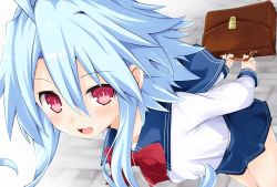 Rule 34 | 1girl, ahoge, alternate costume, blue hair, blush, from above, iwashi dorobou -r-, looking at viewer, looking back, neckerchief, neptune (series), open mouth, pleated skirt, power symbol, power symbol-shaped pupils, red eyes, sailor collar, school uniform, serafuku, short hair, skirt, smile, solo, symbol-shaped pupils, white heart (neptunia)