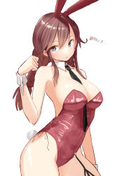 Rule 34 | 1girl, alternate costume, animal ears, between breasts, black necktie, braid, breasts, brown hair, cleavage, commentary request, cowboy shot, detached collar, fake animal ears, garter straps, green eyes, highres, kantai collection, large breasts, leotard, long hair, necktie, noshiro (kancolle), one-hour drawing challenge, playboy bunny, rabbit ears, rabbit tail, red leotard, simple background, single garter strap, solo, swept bangs, tail, tetsukuzu (yajirushi shita), twin braids, white background, wrist cuffs