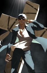Rule 34 | 1boy, absurdres, black jacket, black pants, cigarette, commentary, cowboy shot, english commentary, explodikid, highres, holding, jacket, looking at viewer, male focus, nicholas d. wolfwood, pants, shirt, solo, sunglasses, trigun, trigun stampede, white shirt