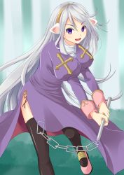 Rule 34 | &gt;:d, 1girl, :d, black thighhighs, dress, flail, highres, holding, kurohachiboku, long hair, looking at viewer, open mouth, panties, priest (ragnarok online), purple dress, purple eyes, ragnarok online, side-tie panties, silver hair, smile, solo, thighhighs, underwear, v-shaped eyebrows, weapon