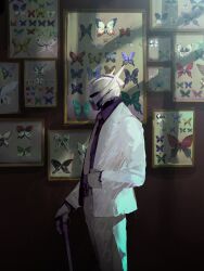 Rule 34 | bug, butterfly, cane, clothed robot, commentary request, facial hair, formal, framed insect, from side, gundam, highres, holding, holding cane, indoors, insect, jacket, long sleeves, mecha, mobile suit, mustache, necktie, pants, picture frame, purple shirt, rintaro komori, robot, shirt, solo, standing, suit, suit jacket, sunlight, too many, too many butterflies, turn a gundam, turn a gundam (mobile suit), white jacket, white necktie, white pants, white suit, window shadow