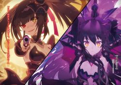 Rule 34 | 2girls, :d, armor, armpits, arms behind head, arms up, black gloves, black hair, breasts, choker, cleavage, clock eyes, closed mouth, collarbone, date a live, date a live: date a bullet, elbow gloves, firing at viewer, floating hair, gloves, gradient eyes, gun, hair between eyes, hair ornament, hair ribbon, heterochromia, highres, holding, holding gun, holding weapon, long hair, looking at viewer, medium breasts, multicolored eyes, multiple girls, noco (adamas), novel illustration, official art, open mouth, pauldrons, purple eyes, purple hair, red eyes, red ribbon, ribbon, shoulder armor, smile, strapless, symbol-shaped pupils, tokisaki kurumi, twintails, very long hair, weapon, yatogami tooka, yellow eyes