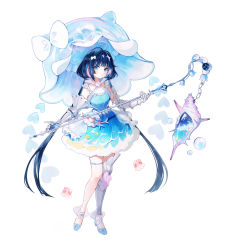 Rule 34 | 1girl, absurdres, blue dress, blue eyes, blue footwear, blue hair, bow, collarbone, dress, elbow gloves, fantasy, full body, gloves, hair bow, heart, highres, holding, holding staff, hongnabya, jellyfish, liquid clothes, long hair, original, pointy ears, seashell, shell, single thighhigh, solo, staff, standing, thigh strap, thighhighs, twintails, white background