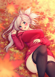 Rule 34 | 1girl, absurdres, alternate costume, autumn, autumn leaves, black thighhighs, blue eyes, breasts, earrings, fate/grand order, fate (series), hair ornament, highres, jewelry, large breasts, leaf, long sleeves, lying, miyamoto musashi (fate), namaponpon 00, off-shoulder sweater, off shoulder, on back, pink hair, ponytail, red sweater, single sidelock, solo, sweater, swept bangs, thighhighs