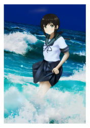 Rule 34 | 1girl, black hair, blue sailor collar, blue skirt, blue sky, commentary request, cowboy shot, day, fubuki (kancolle), green eyes, grin, highres, kantai collection, looking at viewer, low ponytail, ocean, outdoors, pleated skirt, ponytail, sailor collar, school uniform, serafuku, short ponytail, sidelocks, skirt, skirt hold, sky, smile, solo, timmyyen, water, waves